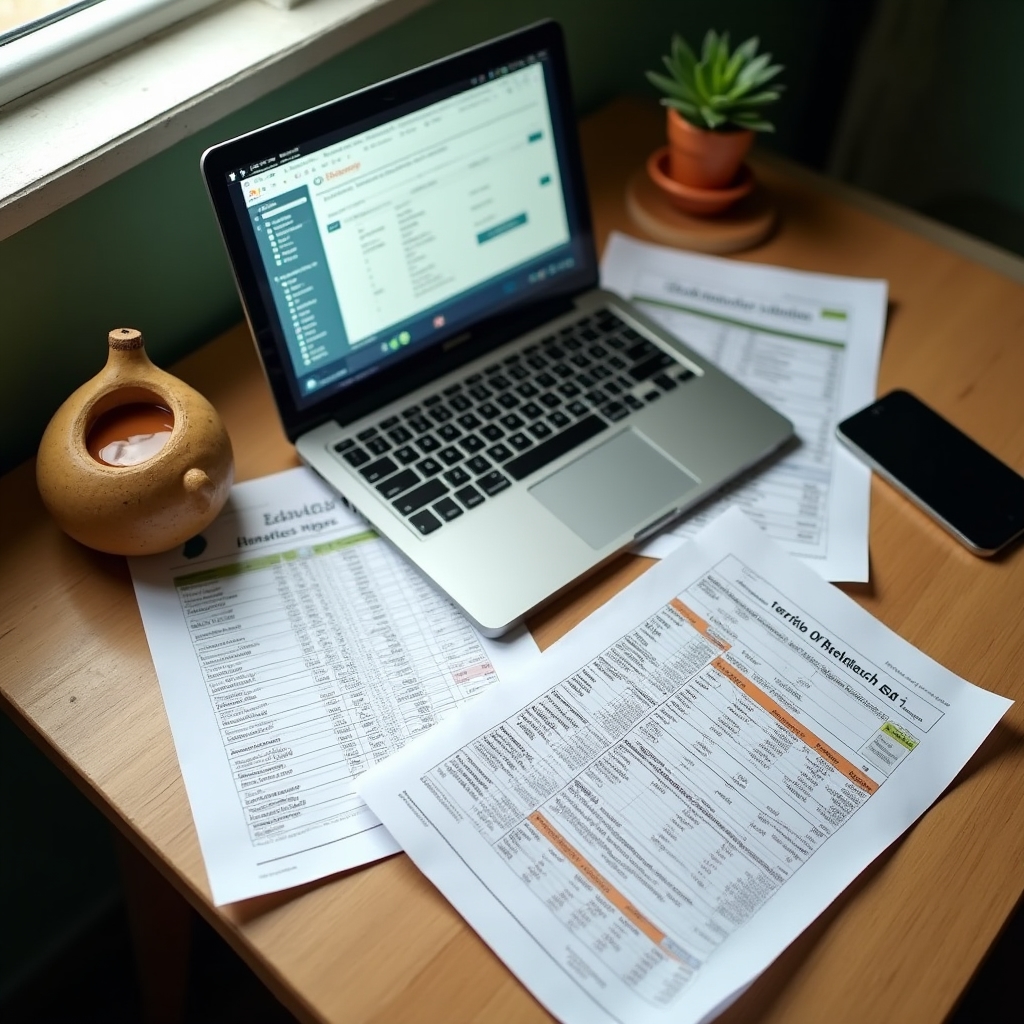 Escritorio de trabajo con cuadros tarifarios y notas sobre energía solar