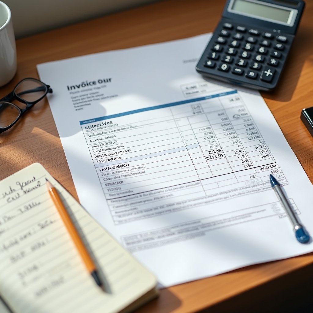 Escritorio con una factura eléctrica y una calculadora para estimar el ahorro