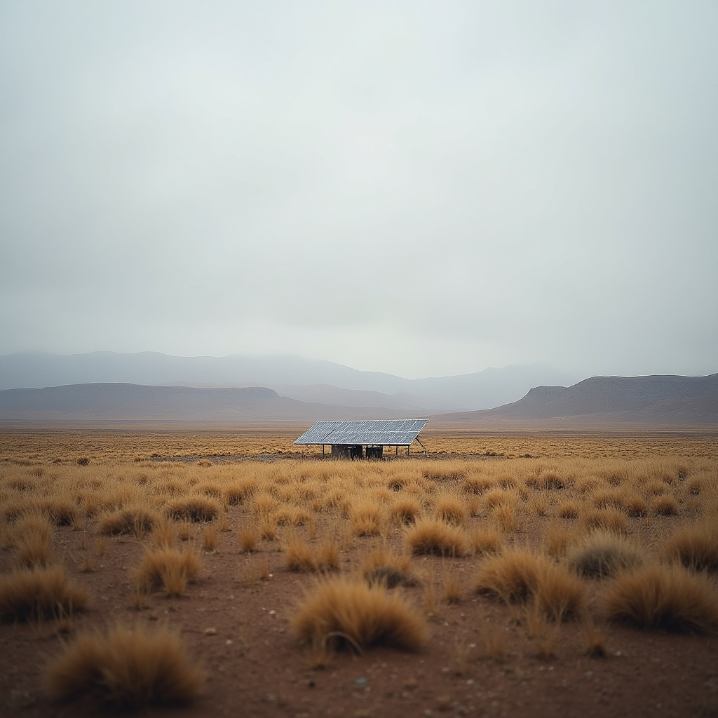 Paisaje patagónico con paneles solares en primer plano